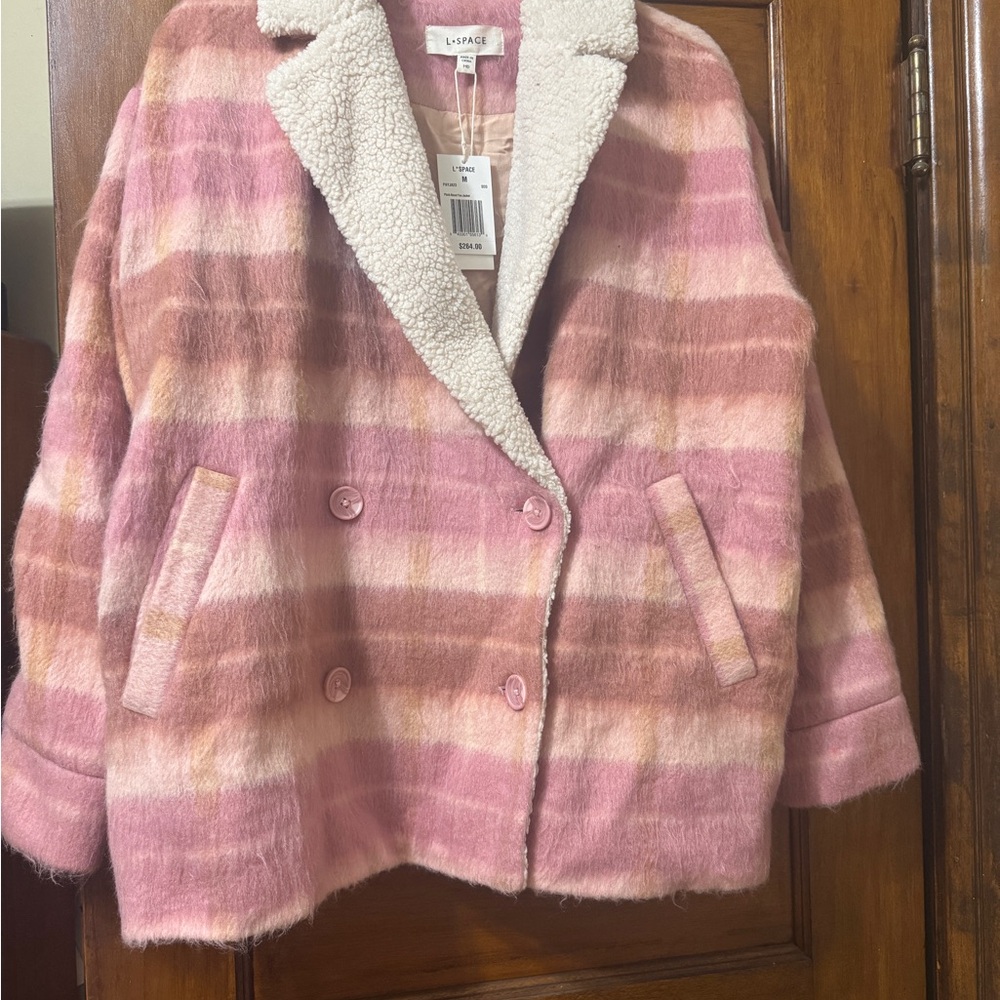 NWT L*Space Pink and Brown Plaid Teddy Jacket